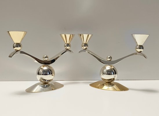 Art Deco Silver and Gold Metal Candleholders, Italy, 1980s, Set of 2-JPQ-2023662