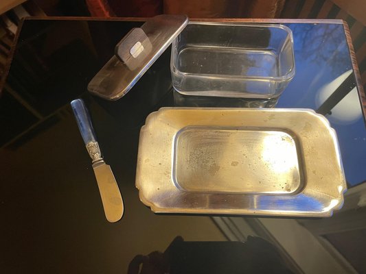 Art Deco Silver-Plated Butter Dish and Knife in the style of Puiforcat, Paris, France, 1920s, Set of 2-XHV-1806836