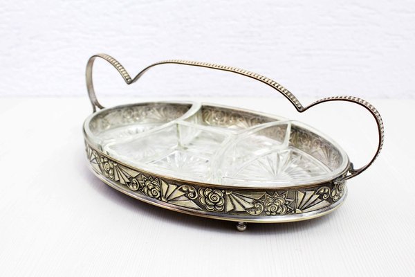 Art Deco Silver-Plated Tray with Glass Ramekins, 1930s, Set of 5-BQF-1807788