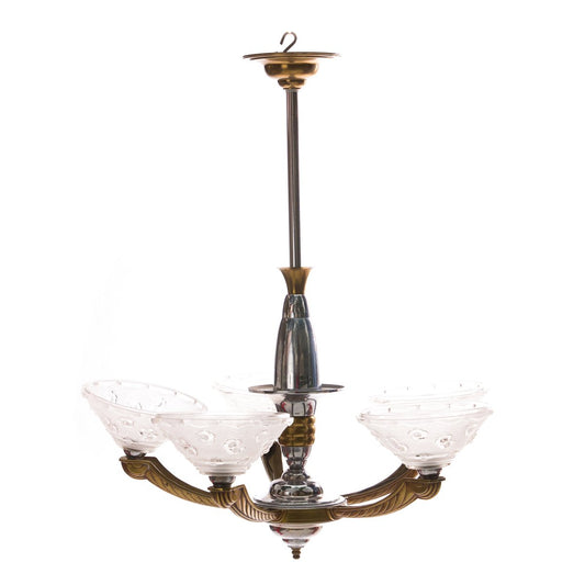 Art Deco Silvered Brass Chandelier from Ezan, 1930s