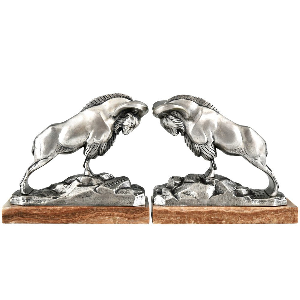 Art Deco Silvered Bronze Ibex Bookends by C. Charles., 1925, Set of 2