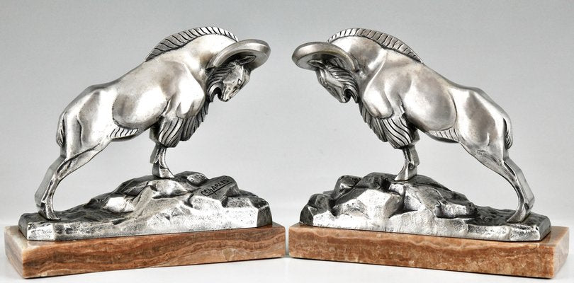 Art Deco Silvered Bronze Ibex Bookends by C. Charles., 1925, Set of 2