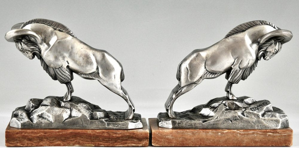 Art Deco Silvered Bronze Ibex Bookends by C. Charles., 1925, Set of 2