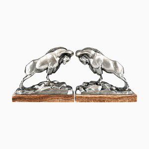 Art Deco Silvered Bronze Ibex Bookends by C. Charles., 1925, Set of 2-KTN-1758102