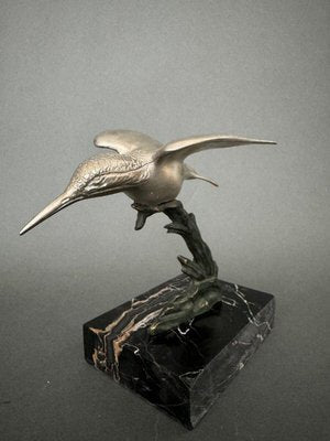 Art Deco Silvered Bronze Kingfisher Sculpture, 1930s-QKG-2042745