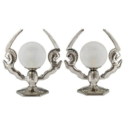 Art Deco Silvered Bronze Pegasus Lamps by Paris Star, 1925, Set of 2-KTN-1730005