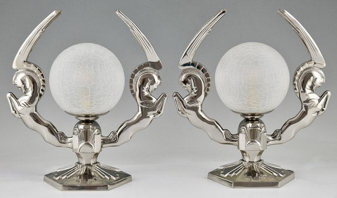 Art Deco Silvered Bronze Pegasus Lamps by Paris Star, 1925, Set of 2-KTN-1730005