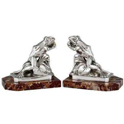 Art Deco Silvered Frog Bookends by Maurice Frecourt, 1930, Set of 2-KTN-1793726