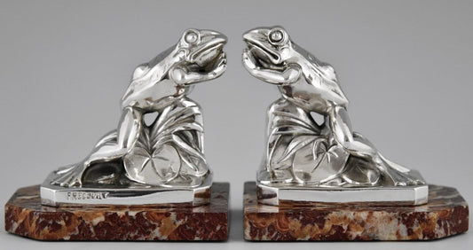 Art Deco Silvered Frog Bookends by Maurice Frecourt, 1930, Set of 2