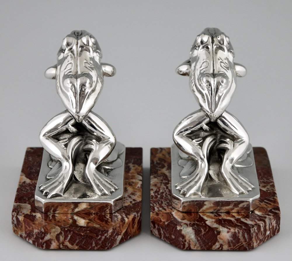 Art Deco Silvered Frog Bookends by Maurice Frecourt, 1930, Set of 2