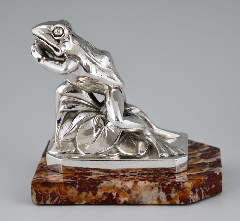 Art Deco Silvered Frog Bookends by Maurice Frecourt, 1930, Set of 2