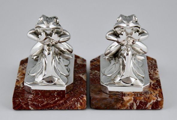 Art Deco Silvered Frog Bookends by Maurice Frecourt, 1930, Set of 2