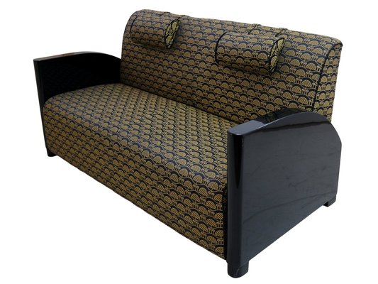 Art Deco Sofa in Black Lacquer and Golden Upholstery, 1930s-CXC-1749931