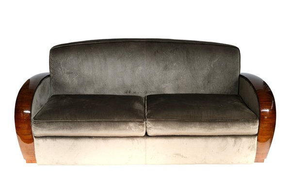 Art Deco Sofa in Walnut and Grey Upholstery, 1930s-CXC-1756445