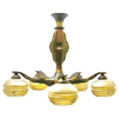 Art Deco Solid Brass and Wooden Details Chandelier Shades with Gold Pattern-MJY-1150369