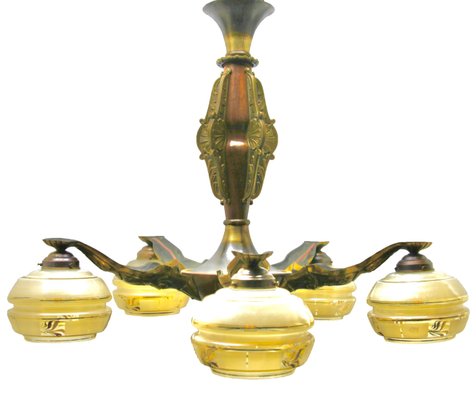 Art Deco Solid Brass and Wooden Details Chandelier Shades with Gold Pattern-MJY-1150369