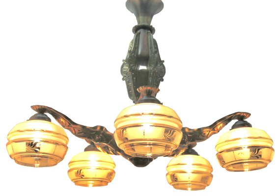 Art Deco Solid Brass and Wooden Details Chandelier Shades with Gold Pattern-MJY-1150369