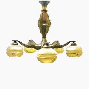 Art Deco Solid Brass and Wooden Details Chandelier Shades with Gold Pattern-MJY-1150369