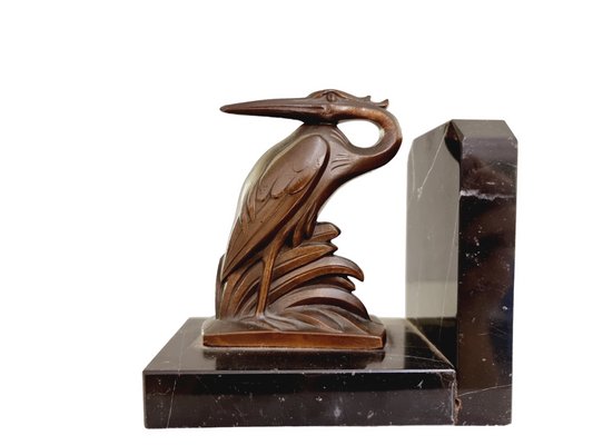 Art Deco Spelter on Marble Bookends with Cranes by Maurice Frecourt, France, 1920-1930s, Set of 2-SAK-1823650