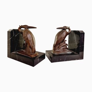 Art Deco Spelter on Marble Bookends with Cranes by Maurice Frecourt, France, 1920-1930s, Set of 2-SAK-1823650