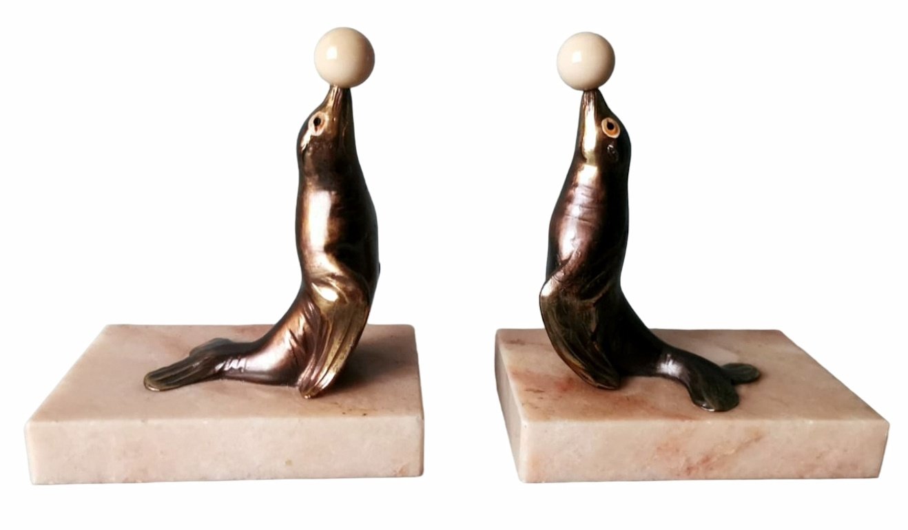 Art Deco Spelter Seal Bookends on Marble Bases, 1930, Set of 2