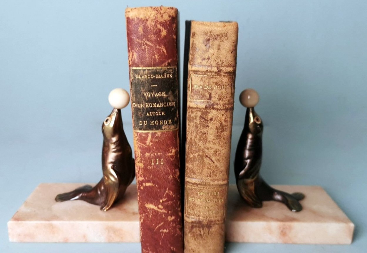 Art Deco Spelter Seal Bookends on Marble Bases, 1930, Set of 2