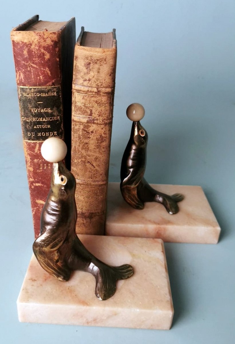 Art Deco Spelter Seal Bookends on Marble Bases, 1930, Set of 2