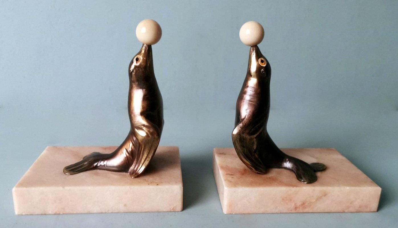 Art Deco Spelter Seal Bookends on Marble Bases, 1930, Set of 2