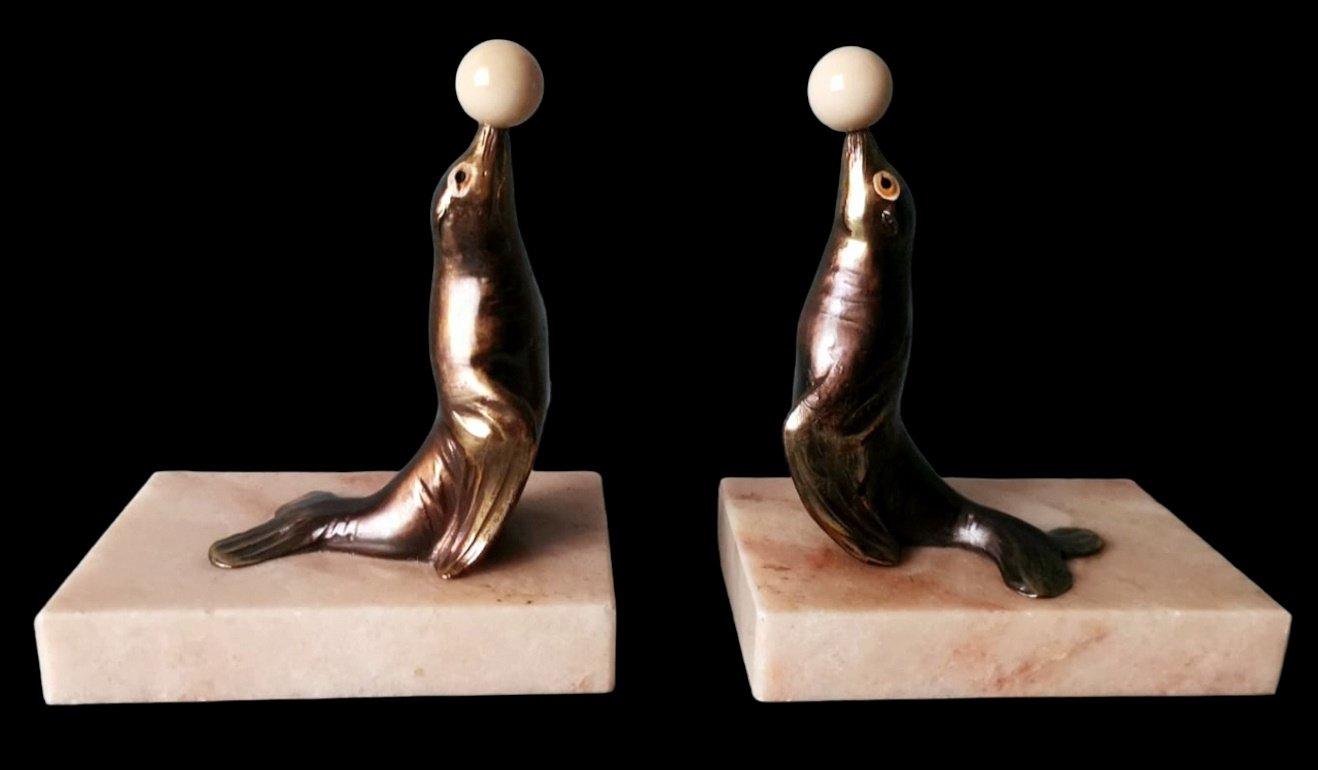 Art Deco Spelter Seal Bookends on Marble Bases, 1930, Set of 2