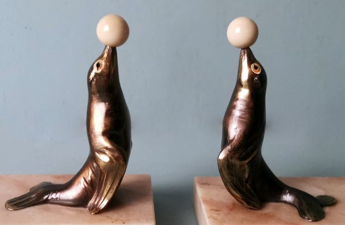 Art Deco Spelter Seal Bookends on Marble Bases, 1930, Set of 2