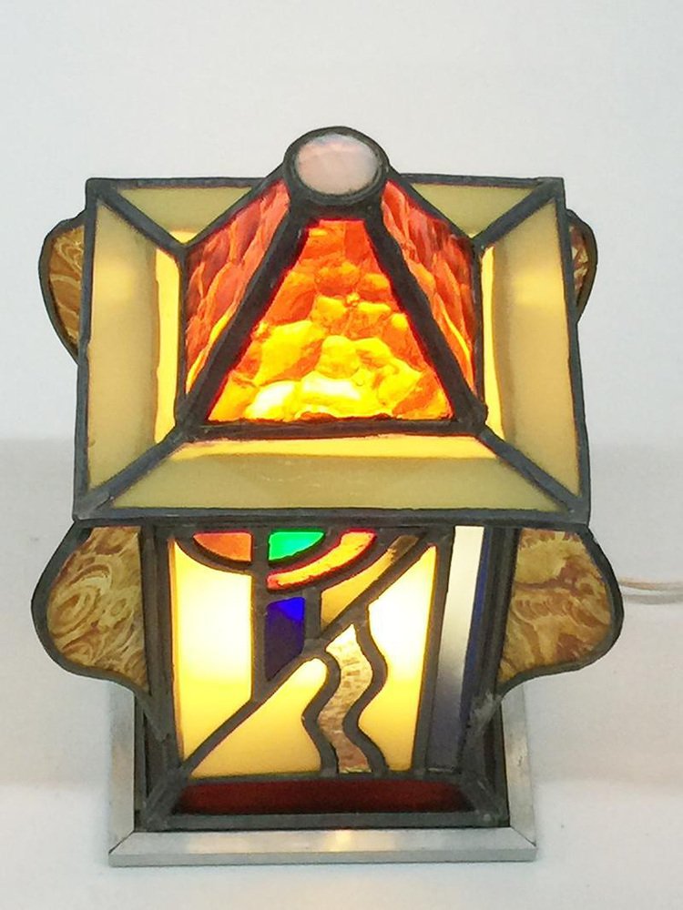 Art Deco Square & Organic Shaped Stained Glass Table Lamp