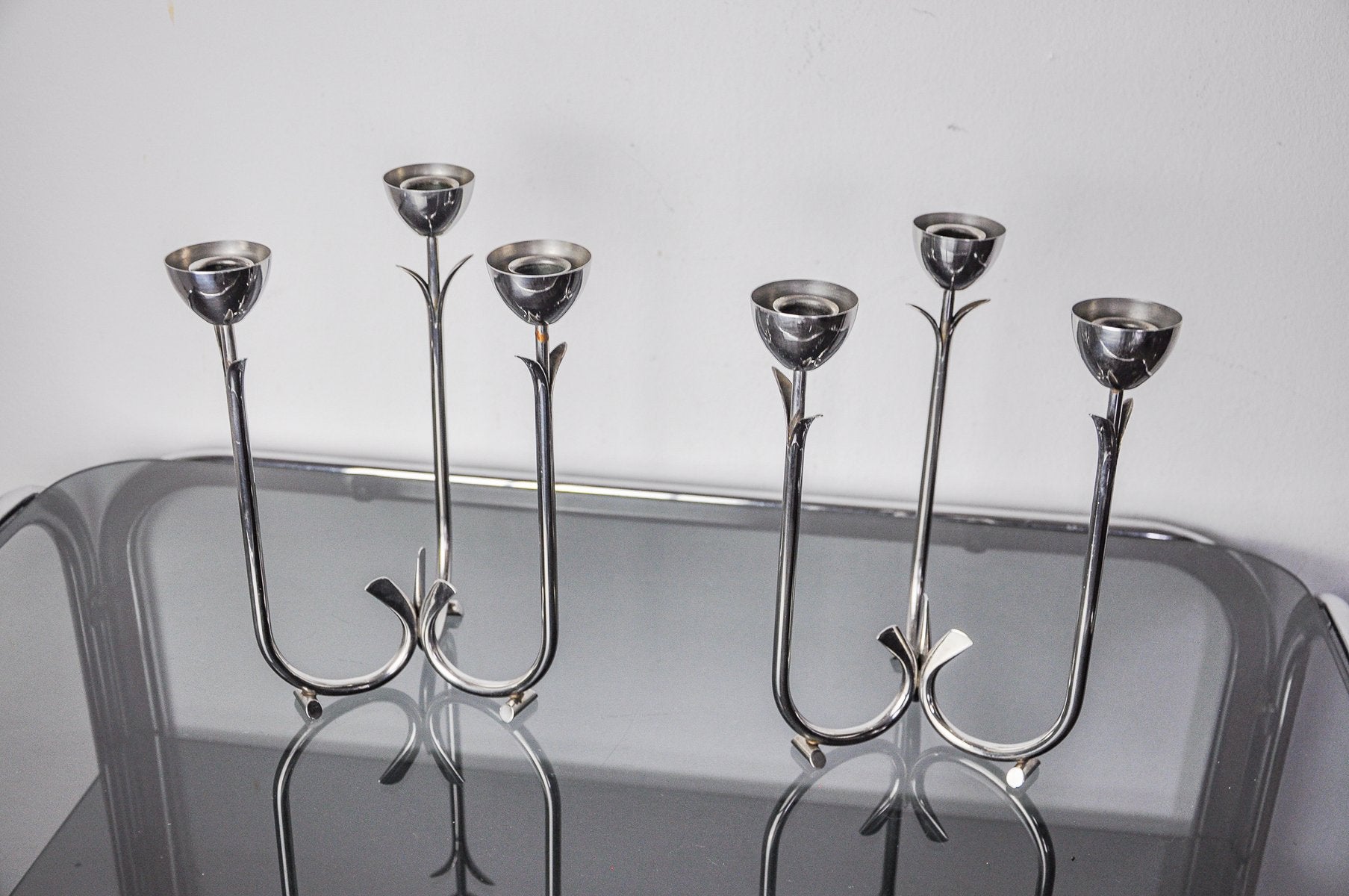 Art Deco Stainless Steel Three-Flame Candlesticks, 1970, Set of 2