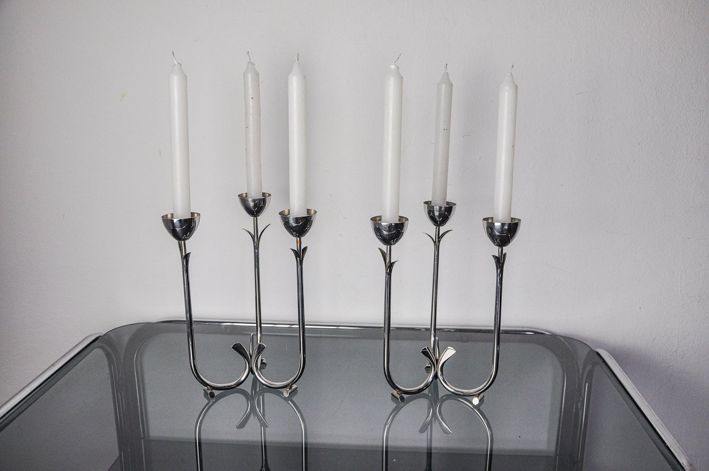 Art Deco Stainless Steel Three-Flame Candlesticks, 1970, Set of 2