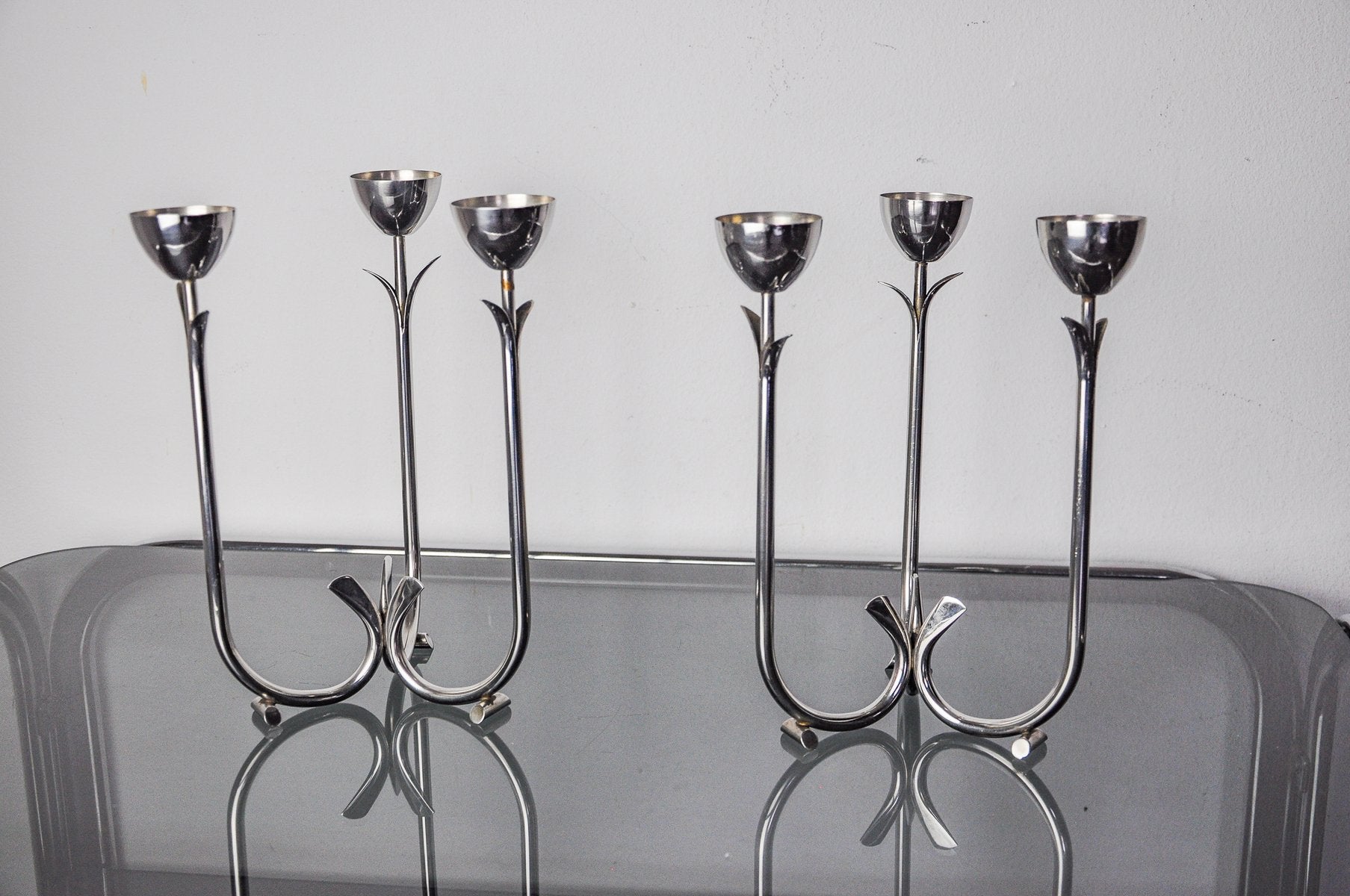 Art Deco Stainless Steel Three-Flame Candlesticks, 1970, Set of 2