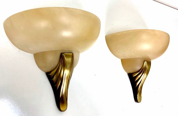 Art Deco Style Alabaster and Bronze Wall Lamps, 1950s, Set of 2-WZZ-1048063