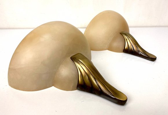 Art Deco Style Alabaster and Bronze Wall Lamps, 1950s, Set of 2-WZZ-1048063