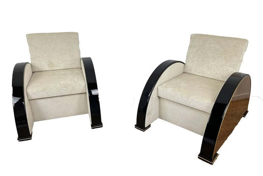 Art Deco Style Armchairs in Walnut and Piano Black with Brass Details