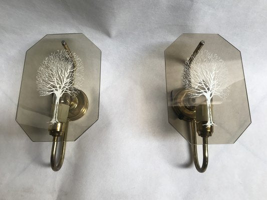 Art Deco Style Brass and Glass Wall Lights, 1960s, Set of 2-WQQ-1386289