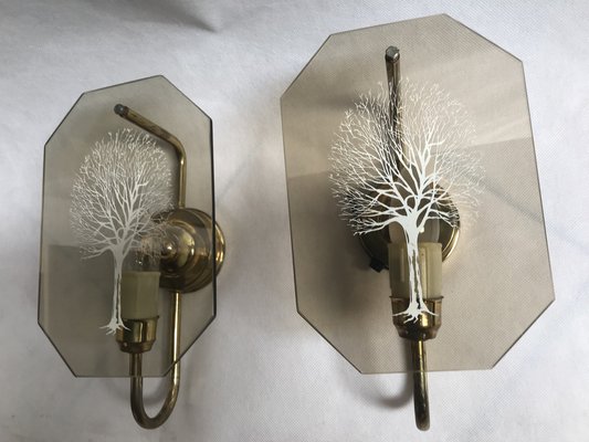 Art Deco Style Brass and Glass Wall Lights, 1960s, Set of 2-WQQ-1386289