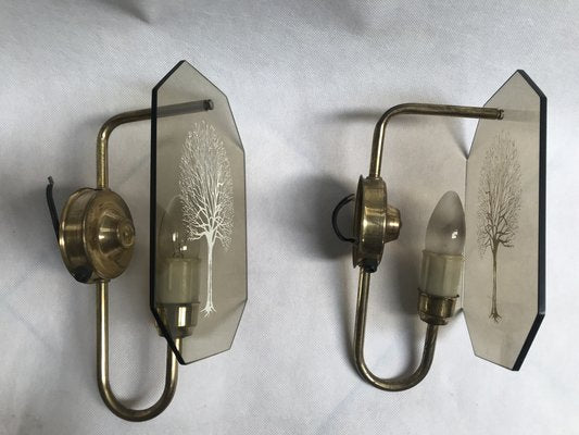 Art Deco Style Brass and Glass Wall Lights, 1960s, Set of 2-WQQ-1386289