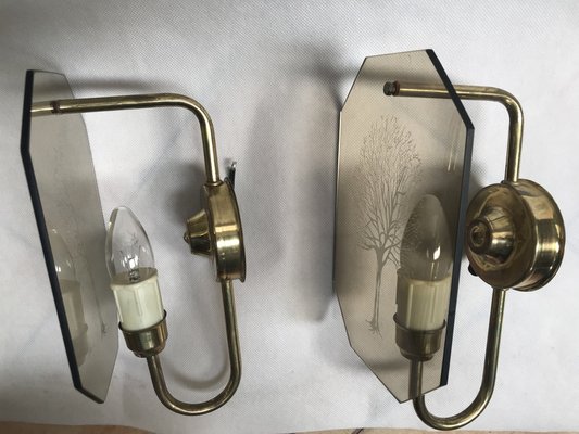 Art Deco Style Brass and Glass Wall Lights, 1960s, Set of 2-WQQ-1386289