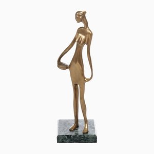 Art Deco Style Brass Statue of an African Woman on a Marble Base, 1970s-EZZ-1326184