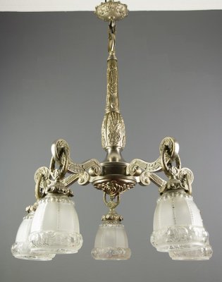 Art Deco Style Bronze and Frosted Glass Floral Chandelier, 1930s-KEG-706461