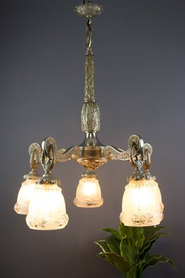 Art Deco Style Bronze and Frosted Glass Floral Chandelier, 1930s-KEG-706461