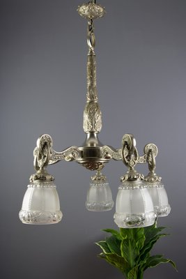 Art Deco Style Bronze and Frosted Glass Floral Chandelier, 1930s-KEG-706461