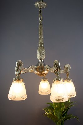 Art Deco Style Bronze and Frosted Glass Floral Chandelier, 1930s-KEG-706461