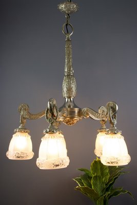 Art Deco Style Bronze and Frosted Glass Floral Chandelier, 1930s-KEG-706461