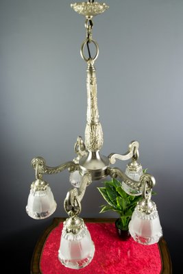 Art Deco Style Bronze and Frosted Glass Floral Chandelier, 1930s-KEG-706461