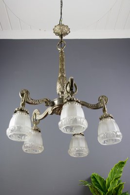 Art Deco Style Bronze and Frosted Glass Floral Chandelier, 1930s-KEG-706461