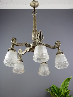 Art Deco Style Bronze and Frosted Glass Floral Chandelier, 1930s-KEG-706461